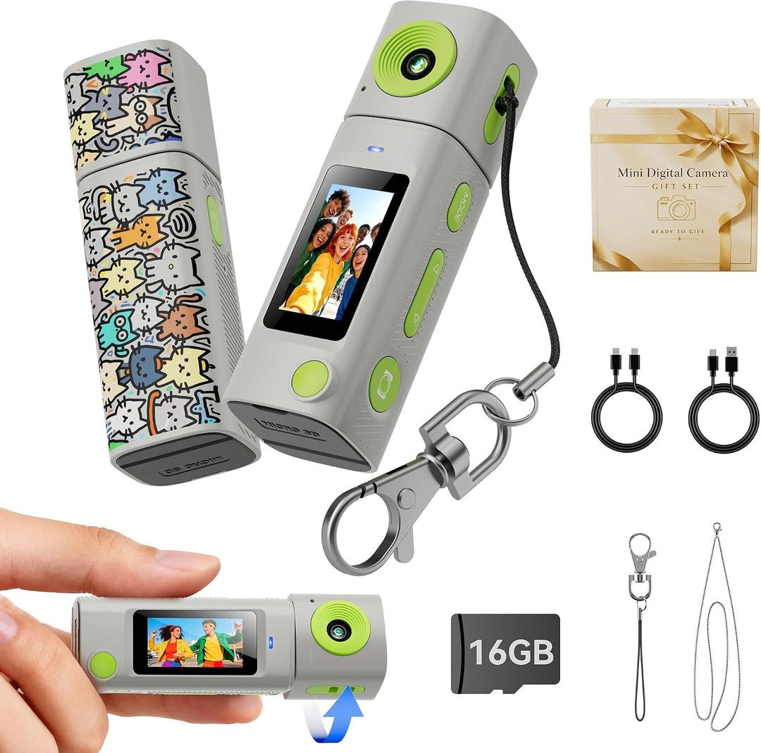 Mini Keychain Digital Camera:2K Digital Mini Camera with 16GB Card, Vintage Keychain Camera with 270 Rotating Lens, 400mAh Battery Portable Small Cameras with Elegant Gift Box for Travel,Kids,Gifts