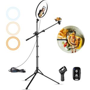 Aureday 12" Overhead Ring Light with Stand, Dimmable Ringlight with Phone & Mic Holder, 62" Adjustable Tripod for Video Recording, Live Streaming, Tiktok, YouTube, Makeup, Cooking (BLACK)