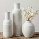 Rustic Farmhouse Vase Set of 3 - Ceramic Decorative Flowers Vases Home Decor - Pampas Grass Dried Fresh Flowers - for Centerpiece, Table, Mantel Entryway, Kitchen, Bedroom (White)