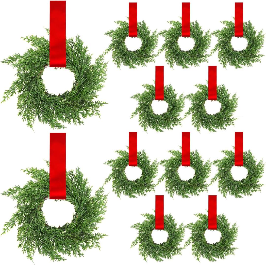 12 Pcs 7.87 Inch Small Christmas Cabinet Wreaths with Ribbon, Mini Wreath for Kitchen Window Chair Backs Front Door Xmas Home Decor DIY Craft Farmhouse Holiday Decorations(Red Color)