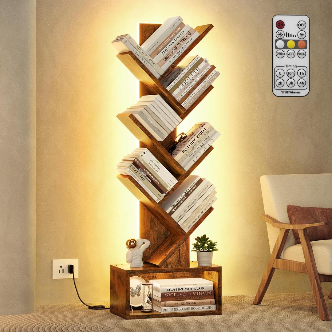 Hoctieon 6 Tier Tree Bookshelf, Tall Bookcase, Freestanding Book Shelf with LED Lights, Display Floor Standing Storage Shelf, Book Organizer Shelves for Home Office, Living Room, Rustic Brown