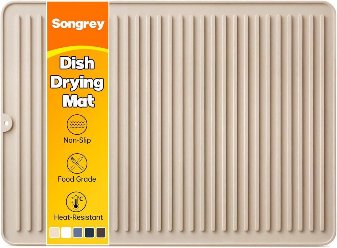 Songrey 24" x 18" Silicone Dish Drying Mat, Kitchen Counter Drying Pad for Sink Dishes or Under Rack, Multi-Use as Heat Resistant Trivet, Coffee Bar Mat (Beige)