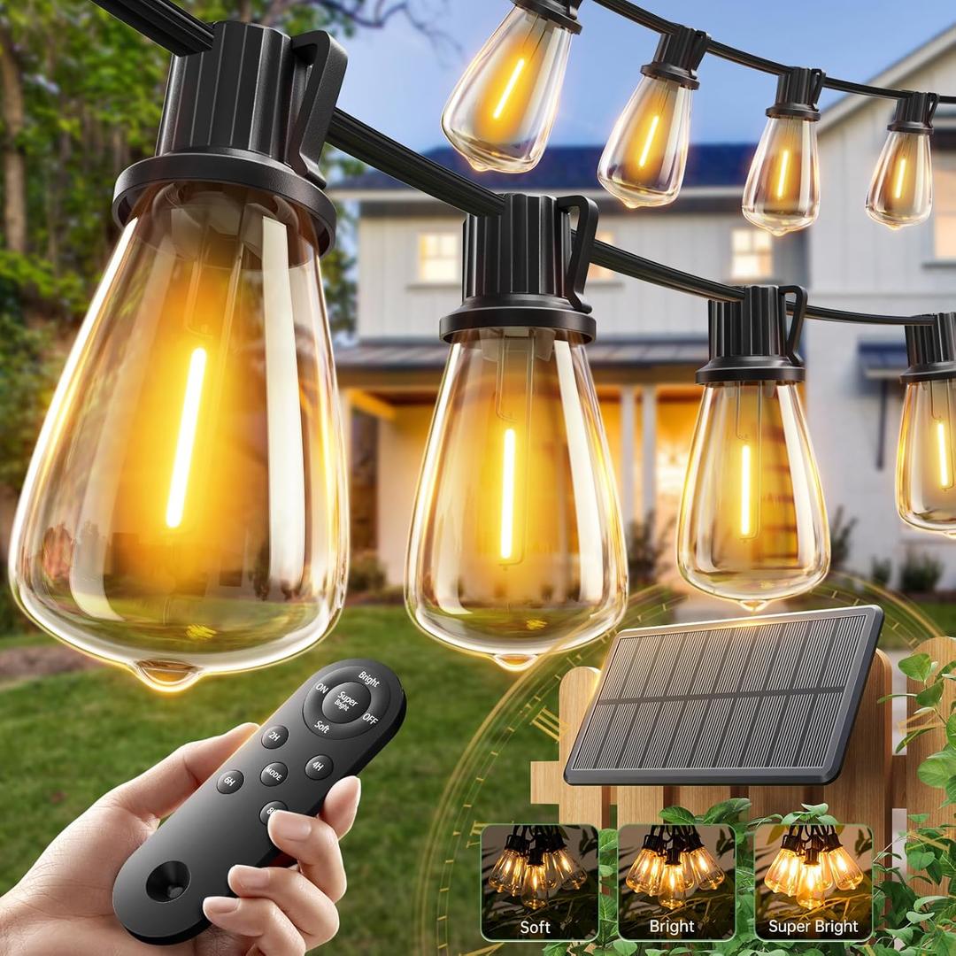 addlon 52(48+4) FT Solar String Lights Waterproof,Patio Lights Solar Powered with Remote & USB Port 16+1 LED Shatterproof Bulbs 3 Light Modes, Dimmable Solar Light for Camping Backyard Garden