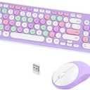 Wireless Keyboard and Mouse Combo, Retro Typewriter Keyboard with Round Keycaps, 2.4GHz USB Cute Wireless Keyboard Mouse for Computer, Desktop, Laptop (Purple Colorful)