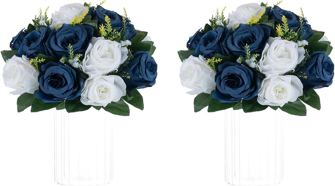 NUPTIO Artificial Flower Centrepieces for Tables - 2 Pcs 9.5in Diameter Navy Blue & White Fake Flowers Roses Balls - Silk Faux Rose Arrangement for Wedding Party Centerpiece Table Decorations