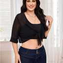 Women's Plus Size Sheer Mesh Chiffon Blouses Tie Front Half Sleeve Crop Cardigan Shrug (Black, L)
