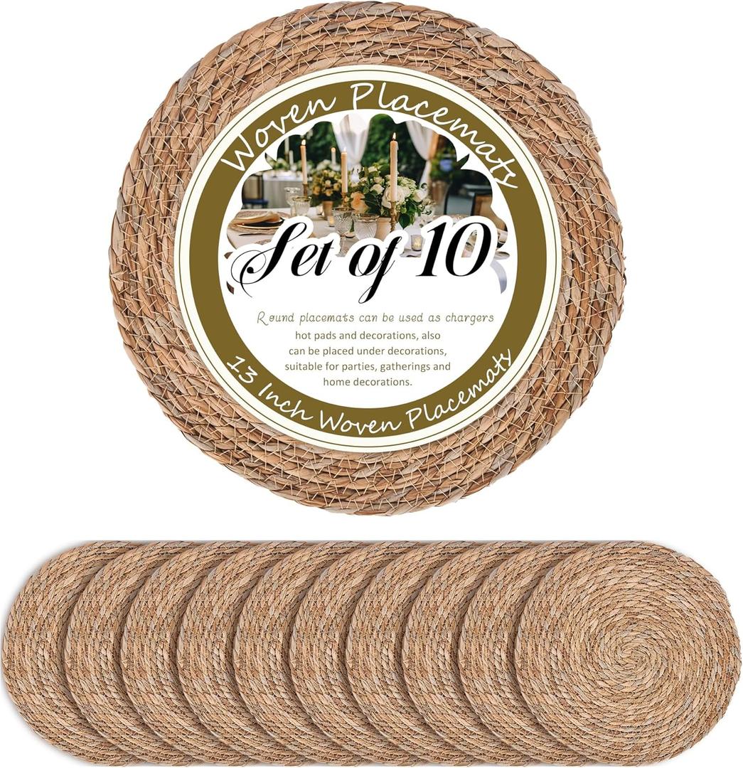 GENMOUS Woven Placemats Set of 10, 13" Round Placemats Natural Water Hyacinth Boho Placemats, Farmhouse Rattan Chargers for Dinner Plates, Rustic Braided Wicker Table Mats for Thanksgiving, Home, Wedding