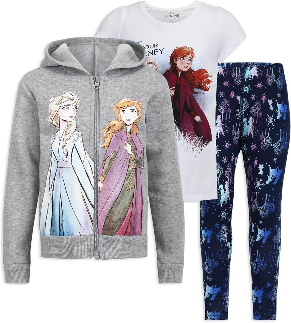 Disney Frozen Girls T-Shirt, Zip Up Hoodie and Legging Pants Set for Toddler and Little Kids (6X, Grey)