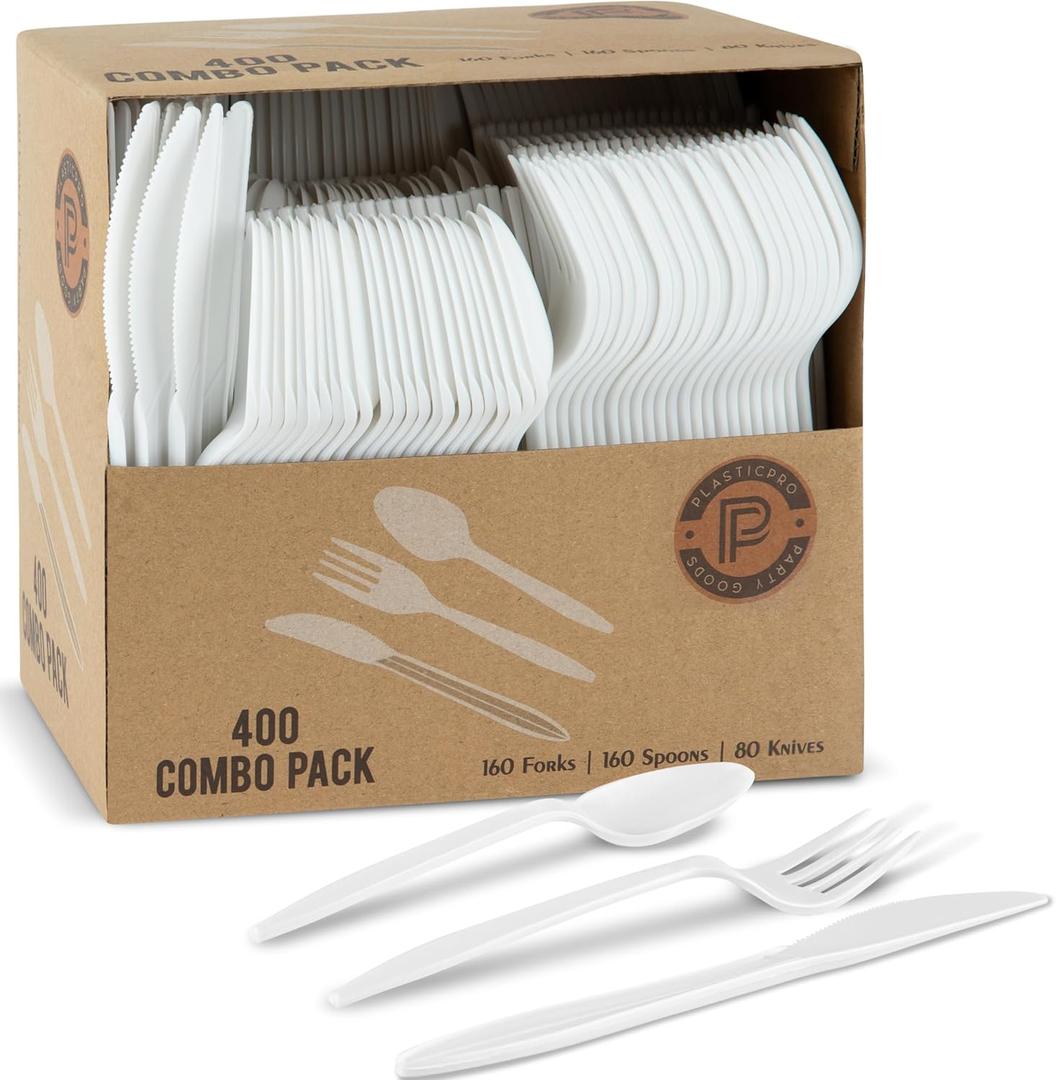 PLASTICPRO 400 Pack Disposable Plastic Utensils Assorted Colored Cutlery Combo Set Forks Spoons Knives Silverware, White Plastic Cutlery for Parties