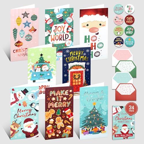 Decorably 24 Pack Foiled 3.5x6.5in Christmas Money Cards for Cash or Gift Card with Envelopes and Stickers - 8 Festive Designs Christmas Money Cards with Envelopes, with Printed Message Inside