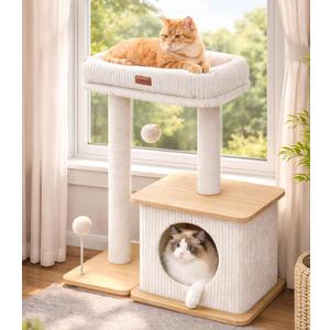 Modern Cat Tree for Indoor Cats, Nordic Loft Style, Wooden Cat Tower with Sisal Scratching Posts, Soft Padded Beds & Cozy Condos, Floor-Mounted for Kittens & Adult Cats (Large, Ash White)