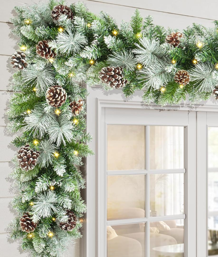 LAVEVE Pre-lit Christmas Garland 9 FT with 100 Warm Lights, Battery Operated Xmas Garland with Cedar Cones and Red Berries, Christmas Decoration for Mantle Fireplace Stair Railing Porch