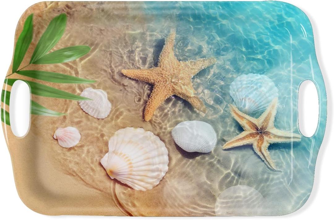 Serving Tray Decorative Tray with Handles Multi-Purpose Rectangular Serving Trays for Restaurant, Parties, Coffee Table, Kitchen - Starfish Beach (14.2" x 10" x 0.7")
