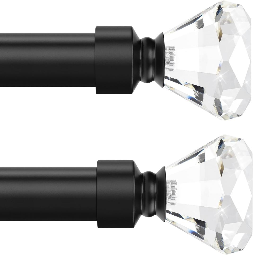 Knobelite Black 2 Pack Window Treatment Single Curtain Rod, Adjustable Drapery Rod Set from 48 to 86 Inches with Crystal Finial Finials(4-7.2ft), 1-Inch Diameter Curtain Rods for Windows