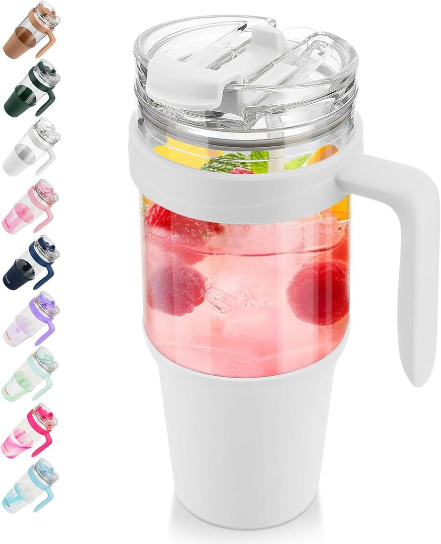 Tronco 40 oz Glass Tumbler with Straw and Lid, Leak-proof Flip Straw, Reusable Iced Coffee Cup with Handle, Glass Water Bottles Fits in Cup Holder, Lead-Free, BPA-Free