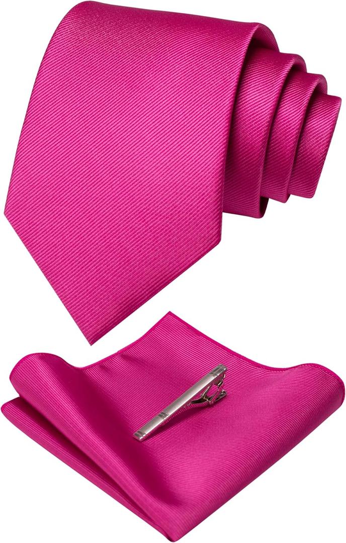 Solid Color Formal Necktie and Pocket Square Tie Clip Sets for Men (Hot Pink)