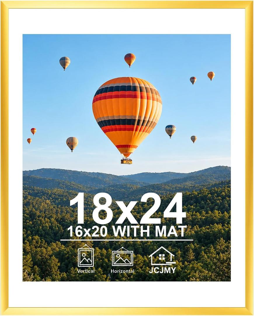 JCJMY 18x24 Picture Frame with 16x20 Mat, Display Photo 16x20 with Mat or 18 x 24 Without Mat, Wall Hanging Large 18 by 24 Poster Frame with Plexiglass, Gold