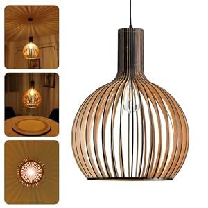 YNDD Wood Pendant Light, E26 Base Hanging Lamp Indoor, Natural Wooden Hand Made Chandelier, Boho Height Adjustable Dining Table Hanging Lamp for Hotel Bar Café Kitchen Island Hallway Entryway