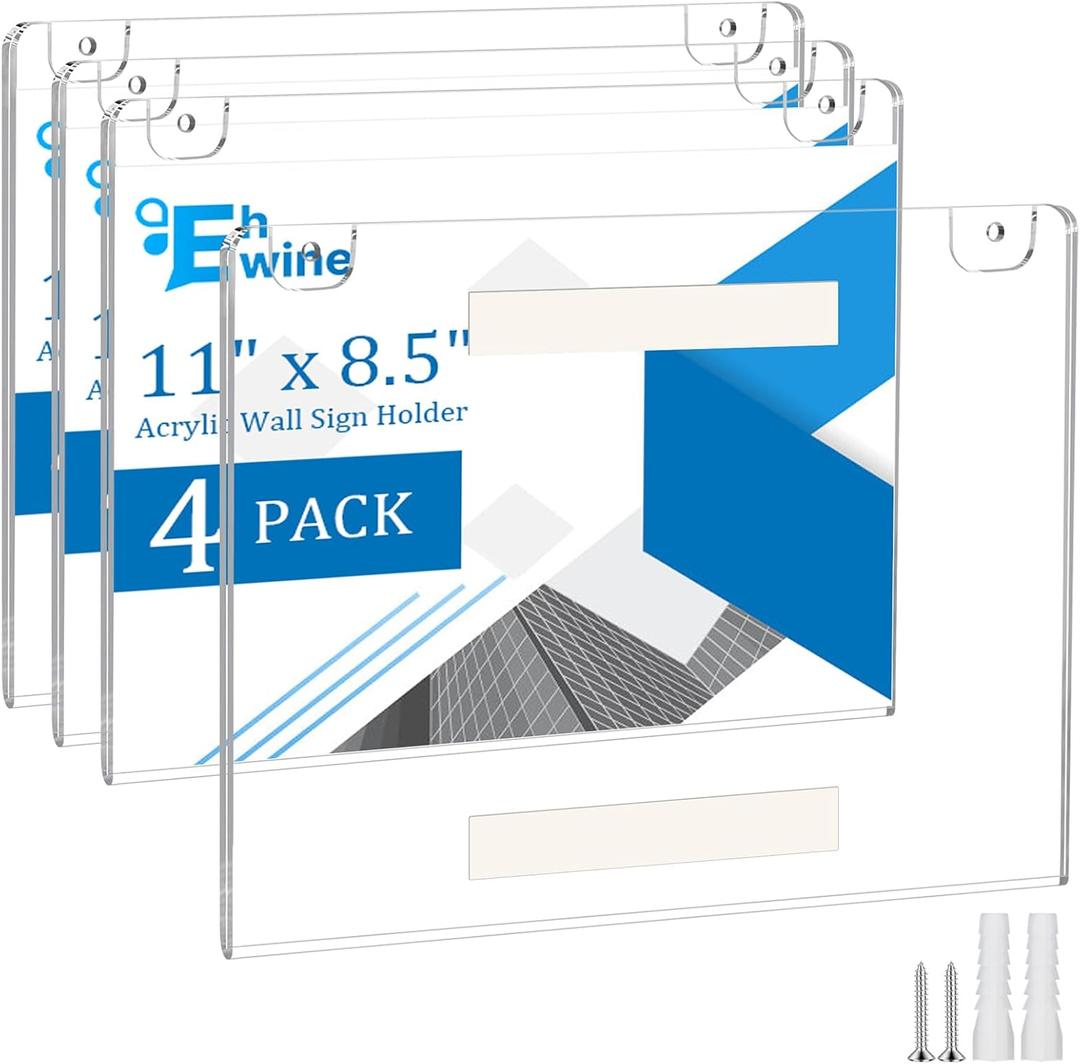 EHWINE 4 Pack 8.5x11 Wall Mount Acrylic Sign Holder Horizontal, Acrylic Wall Sign Photo Menu Flyer Display Holder, Plastic Clear Picture Adhesive Frames for Office Party (Provide Mounting Screws)