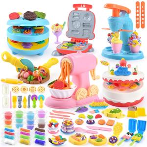 5-in-1 Color Dough Sets for Kids Ages 3+ DIY Food Maker Toys Set with 24 Dough, Arts and Crafts Kit for Pretend Play Ice Cream/Cake/Noodle/Hamburger/Pizza/Baking Set Toys Machines
