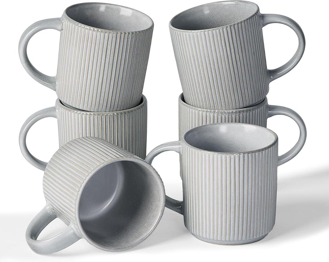 Famiware Coffee Mug Set for 6, Star 12 oz Catering Mugs Cup Set with Handle for Coffee, Tea, Cocoa, Milk - Ceramic Stoneware Drinkware Set, Matte Grey