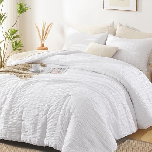 AveLom White Seersucker California King Comforter Set (104x96 inches), 3 Pieces-100% Soft Washed Microfiber Lightweight Comforter with 2 Pillowcases, All Season Down Alternative Bedding Set