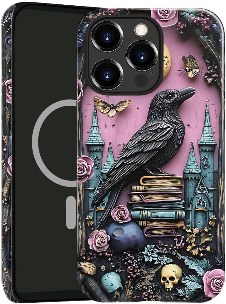 TnXee Case Compatible with iPhone 16 Pro Max, Compatible with MagSafe, Glossy Fall Prevention Hybrid 2-Layer Hard Shell Cases for Girls Boys, Skull Bookshelf Floral Butterfly