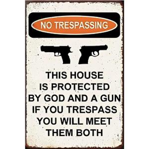 Protected by God and Gun Sign - Tin Funny Warning Signs for Property Outdoor Security