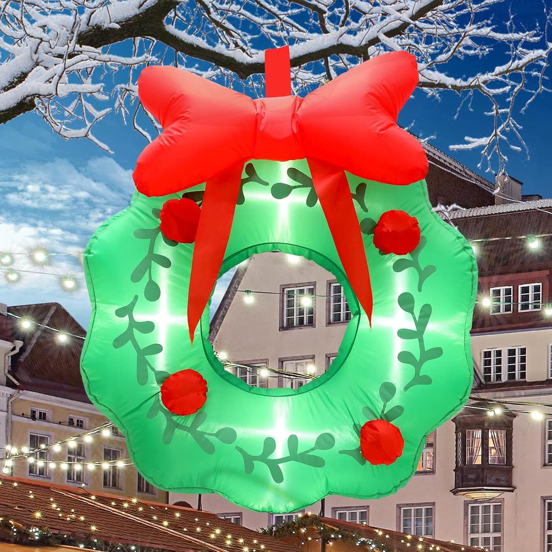 3 ft LED Lights Christmas Inflatables, Blow up Yard Decorations, Inflatable Wreath, Hanging Xmas Outdoor Decorations, for Lawn, Patio, Garden, Holiday Party, Winter Decor(Bow)