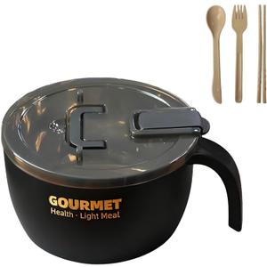 45 oz Ramen Noodle Bowl with Lid and Handle, BPA-Free Instant Noodle Soup Bowl, Large Plastic Serving Bowl for Hot Water Preparation, Not for Microwave Use, Black