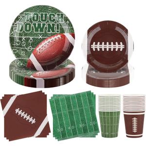 Football Party Supplies Set for 24-Disposable Paper Plates and Napkins, Cups, Touchdown Football Tableware Party Decorations for Birthday Themed Game Day Tailgate Table Decor
