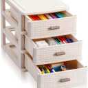Small Storage Desk Wicker Weave Drawer 3 Drawers Plastic Storage Mini Plastic Weave Drawer Unit with Pull Handles Desk Organizer for Office Supplies Craft Countertop Makeup Bathroom(White)