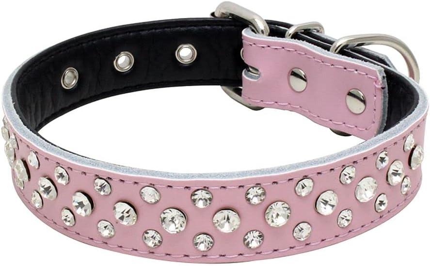 Rhinestones Dog Collar, Adjustable Sparkly Crystal Studded Genuine Leather Pet Dog Collar for Small and Medium Dogs (L, Pink)