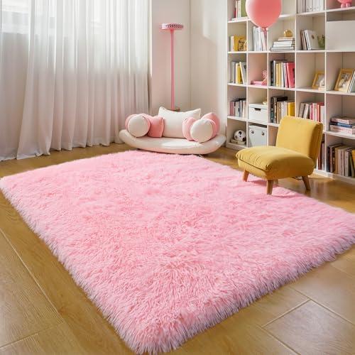 KICHOWUA Thick Area Rug 5x7 Pink Fluffy Shag – Ultra Soft Plush Fuzzy Washable Thickened Non-Slip Fuzzy Carpet for Girls Bedroom Living Room, Modern Furry Shaggy Rug for Kids Nursery Boys Dorm Room