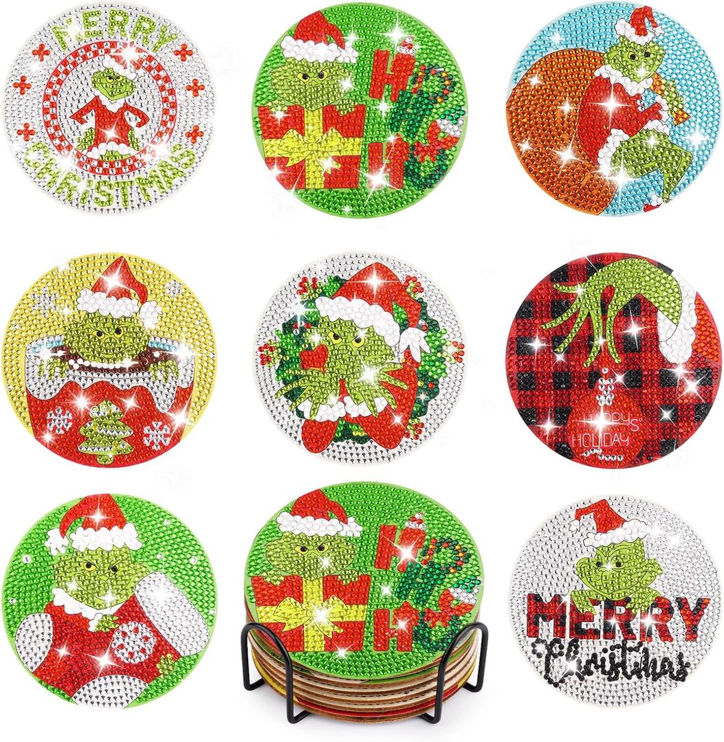 Bekrgwiy Christmas Diamond Art Coasters,8 Pcs Diamond Painting Coasters with Holder,DIY Christmas Coaster with Cork Pads for Tabletop Protection,Holiday Decor Gifts