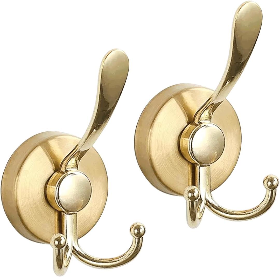 Metal Suction Cup, Heavy Duty Double Hooks for Bathroom, Kitchen, Wall, Cabinet, Car - 2 Pack, Rustproof & Waterproof Adhesive Hooks for Organizing Towels, Keys, Coats, Hats (Gold)