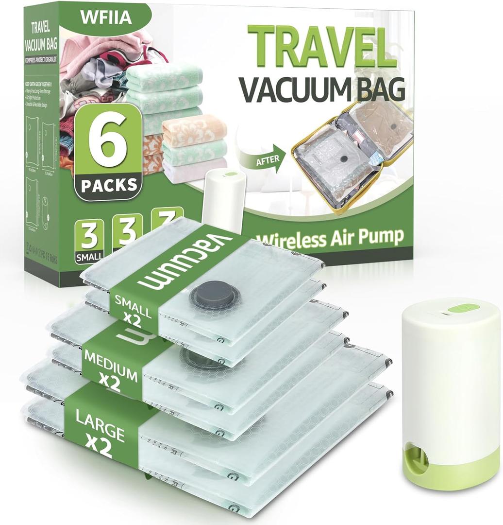 6 Packs Vacuum Bags for Travel with Rechargeable air Pump, 3 Sizes Vacuum Seal Bags for Clothing, Space-Saving Compression Storage Bags for Travel & Closet Organization