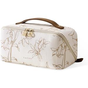 EACHY Travel Makeup Bag, Large Capacity Cosmetic Bags for Women, Waterproof Portable Pouch Open Flat Toiletry Bag Pattern Make up Bag (F-Beige) (Medium)