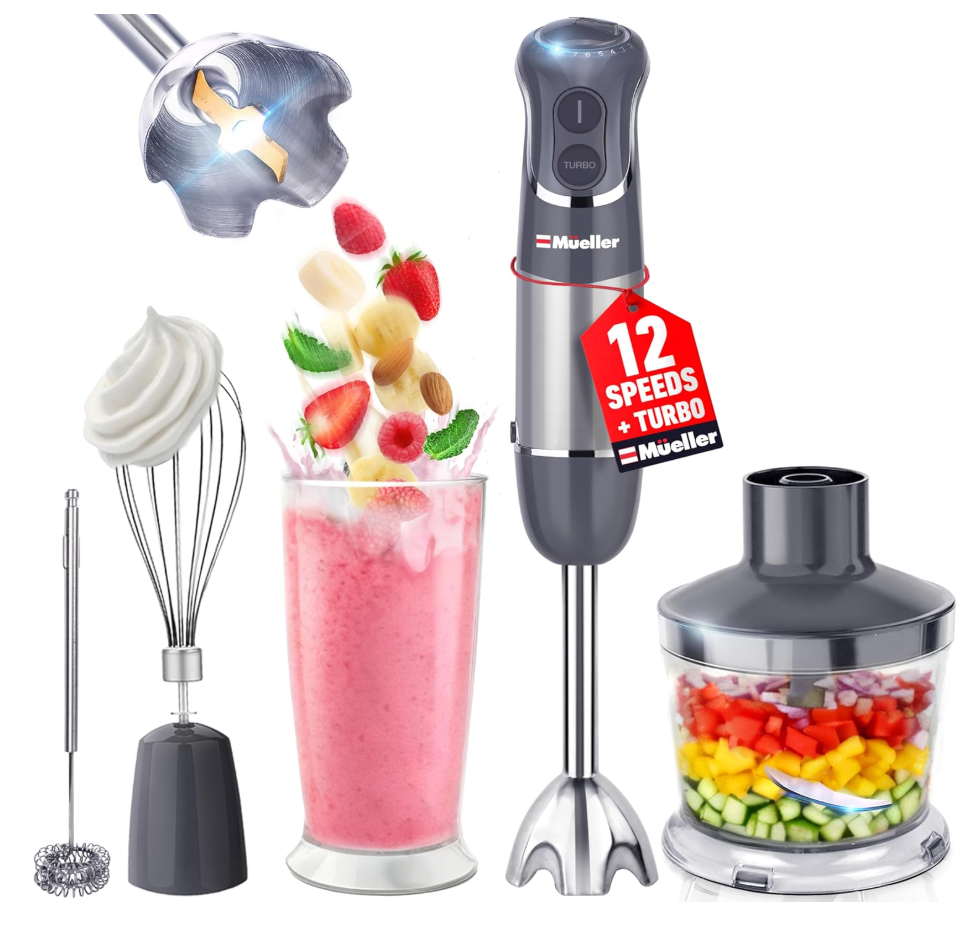 Mueller Multistick 5-in-1 Immersion Blender Handheld,12 Speed Hand Mixer-Turbo Boost,Heaviest Duty Copper Motor,Titanium reinforced Blades Hand Blender,Milk Frother Wand,Whisk,Beaker,Chopper,Grey