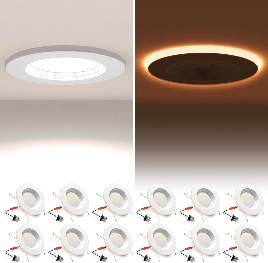 12 Pack 5/6 Inch LED Can Lights with Night Light, 5CCT Retrofit Recessed Lighting Selectable 2700K-6000K Dimmable, 12W=75W, 1200LM Downlight with Metal Smooth Trim - ETL and Energy Star