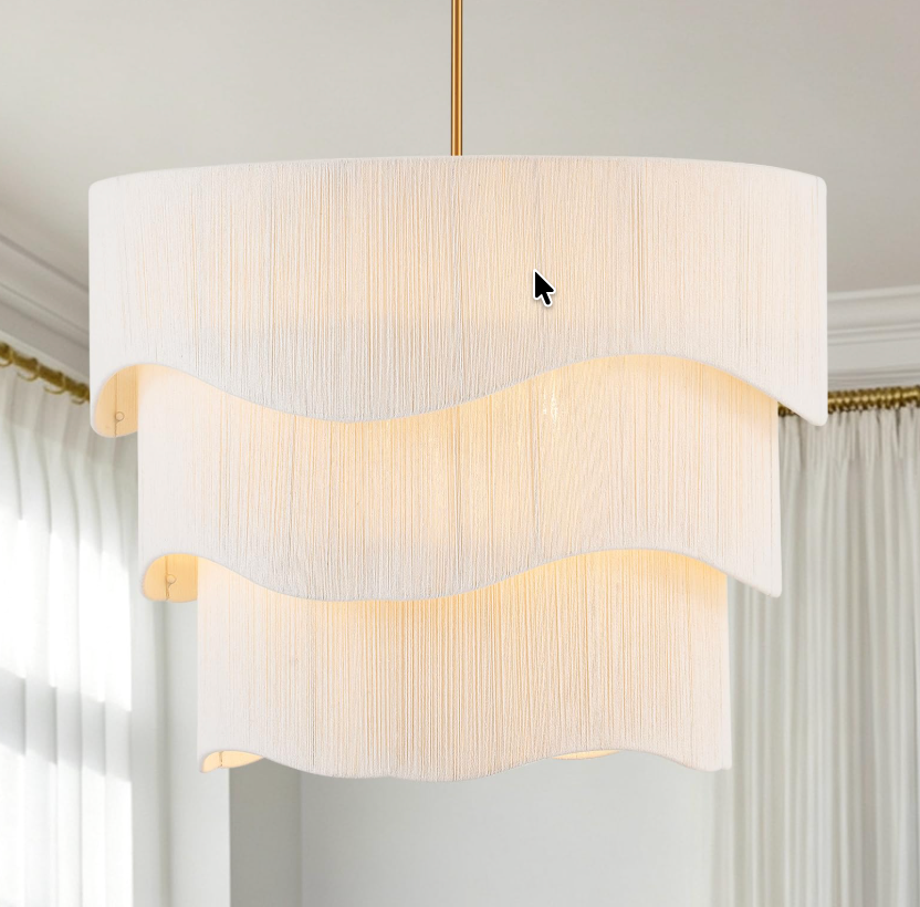 MERCASA 27.5" Large Boho Drum Chandelier,4 Light Gold and White Hand Woven Rattan Chandelier,3-Tier Farmhouse Rattan Pendant Light for Dining Room Living Room Bedroom,E26