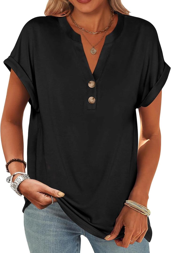 ANRABESS Womens Short Sleeve Henley Tops V Neck Dressy Casual Blouses Summer Trendy Tee Shirts 2026 Vacation Fashion Clothes (Black, L)