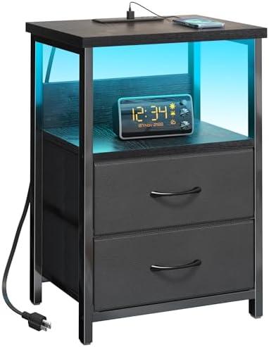 Fixwal Night Stand with Charging Station, LED Nightstand with U-S-B Ports and Outlets for Small Spaces, 2 Fabric Storage Drawers, Bedside Table End Tables Bedroom, Modern Black