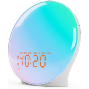 Wake Up Light Sunrise Alarm Clock for Bedroom, 17 Nightlights, Sound Machine with 5W Bluetooth Speaker, 25 Soothing Sounds, Sleep Timer, Dual Alarms, FM Radio, Ideal Gift for Baby, Kids, Adults, Senior