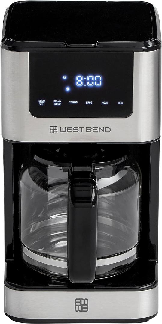 West Bend Drip Coffee Maker Brews Hot or Iced, Programmable with Brew Strength Selector Auto Shut-Off and 6 Functions Permanent Mesh Filter and Glass Carafe, 12-Cup, Metallic