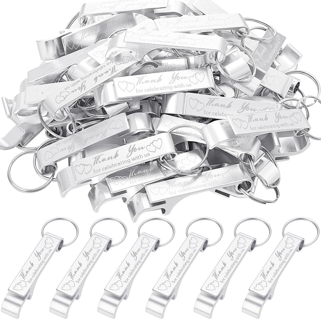 Dandat 100 Pcs Bottle Opener Keychain Bulk Thank You Wedding Favors for Guests Aluminum Wine Beer Opener Engraved Wedding Guest Gifts for Birthday Christmas Party Graduation Souvenirs(Silver)