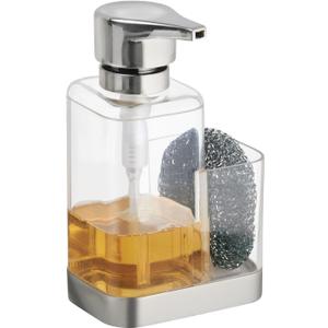 mDesign Modern Plastic Kitchen Sink Countertop Liquid Hand Soap Dispenser Pump Bottle Caddy with Storage Compartment - Holds and Stores Sponges, Scrubbers and Brushes - Clear/Brushed