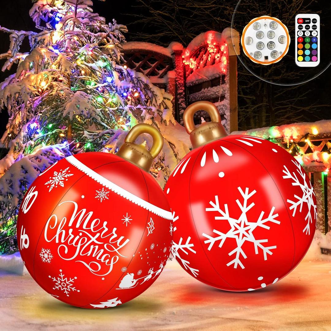 24 Inch Light Up Large Inflatable Christmas Ball Outdoor Decoration, Christmas Green Big Monster PVC Inflatable Xmas Blow up Ball Ornaments with Remote for Winter Holiday Party Garden Lawn Yard Porch