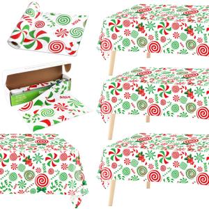 Christmas Candy Cane Tablecloth Roll with Cutter Box Disposable Red and Green Candies Table Cloth Candy Lollipops Plastic Table Cover for Winter Christmas Party Holiday Decor 100 Ft x 51 Inch
