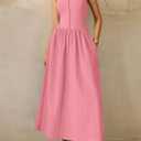 PRETTYGARDEN Pleated Maxi Dresses for Women with Pockets | Sleeveless A-Line Knit,Summer Patchwork Mixed Media Dress,Flowy Long Work Dress for Cocktial,Business Casual,Teacher Outfits (Pink, XXL)